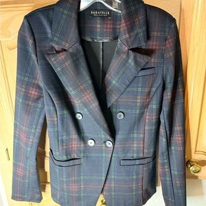 bagatelle Navy Plaid Double-Breasted Blazer with Red & Green Accents